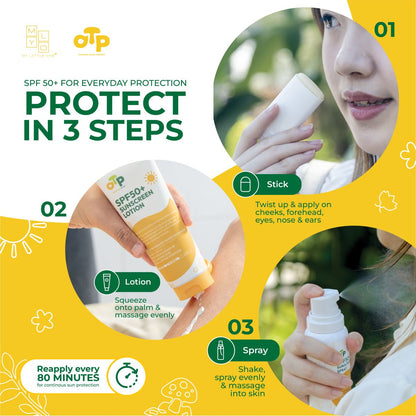 MyLO OTP SPF50+ Sunscreen / Sunblock Stick, Lotion, Spray