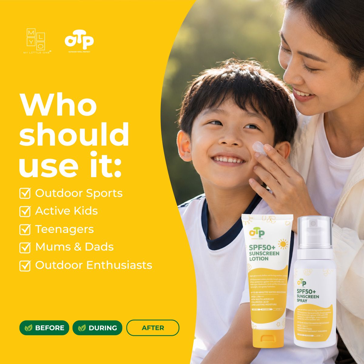 MyLO OTP SPF50+ Sunscreen / Sunblock Stick, Lotion, Spray