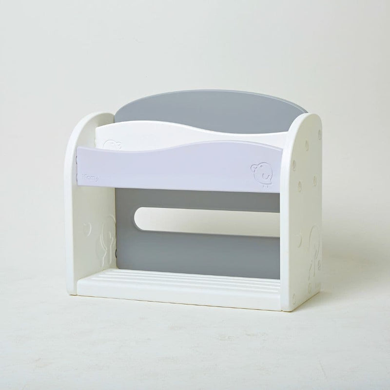 White and grey plastic bookshelf for kids with safe round design.