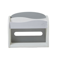 Grey and white bookshelf for kids with minimalist design and smooth curves.